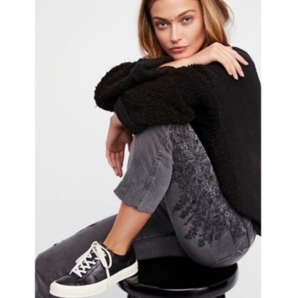 Free People High Rise Embroidered Girlfriend Jeans